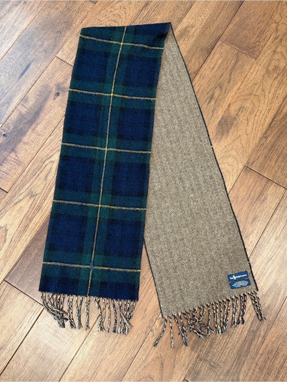 Polo Ralph Lauren Brown Herringbone & Dark Green Plaid Wool Scarf - Picture 6 of 7